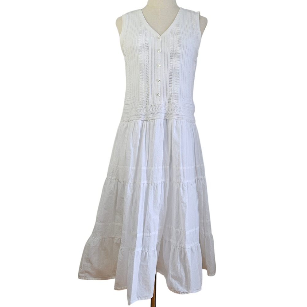 Coldwater Creek Crochet Tiered Midi Sundress Dress Sz 6 White V-Neck Beachy Boho